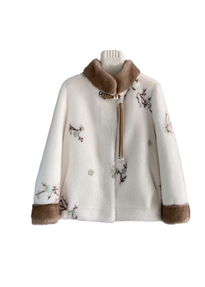 Beige Stand Collar Tasseled Embroideried Mink Cashmere Jackets Winter