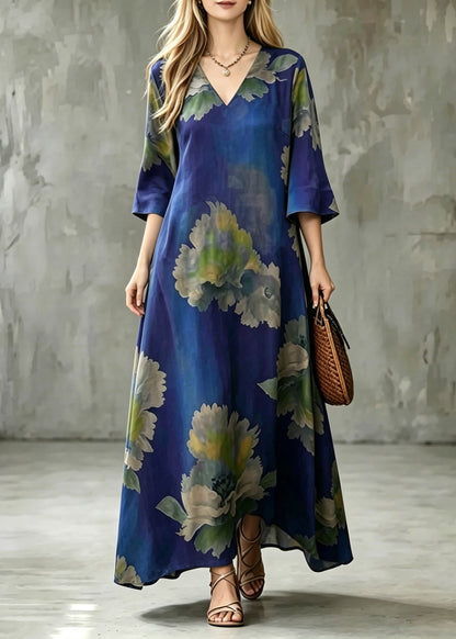 Blue V Neck Patchwork Maxi Dress Half Sleeve