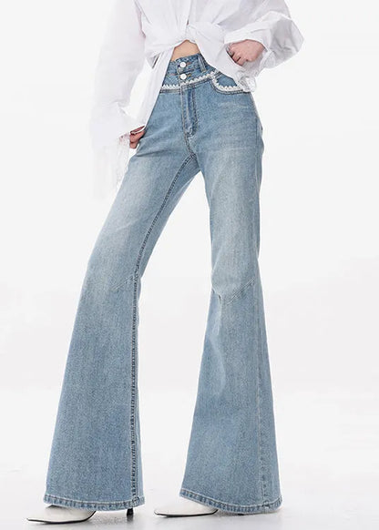 Slim Fit Blue Lace High Waist Denim Flared Trousers Fall