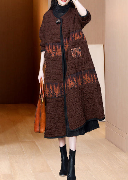 Coffee O Neck Pockets Patchwork Fine Cotton Filled Coat Fall