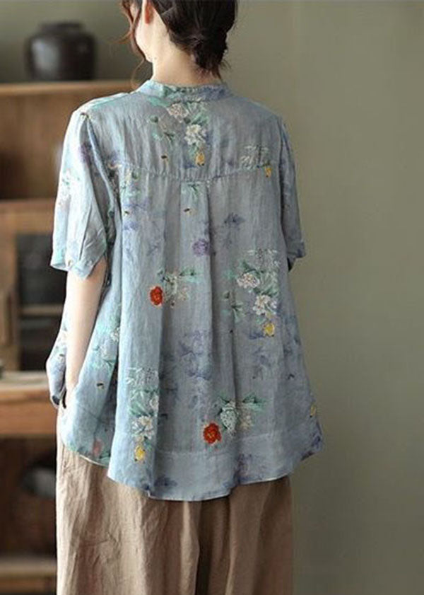 Yellow Flower Print Cotton Shirts Low High Design Short Sleeve