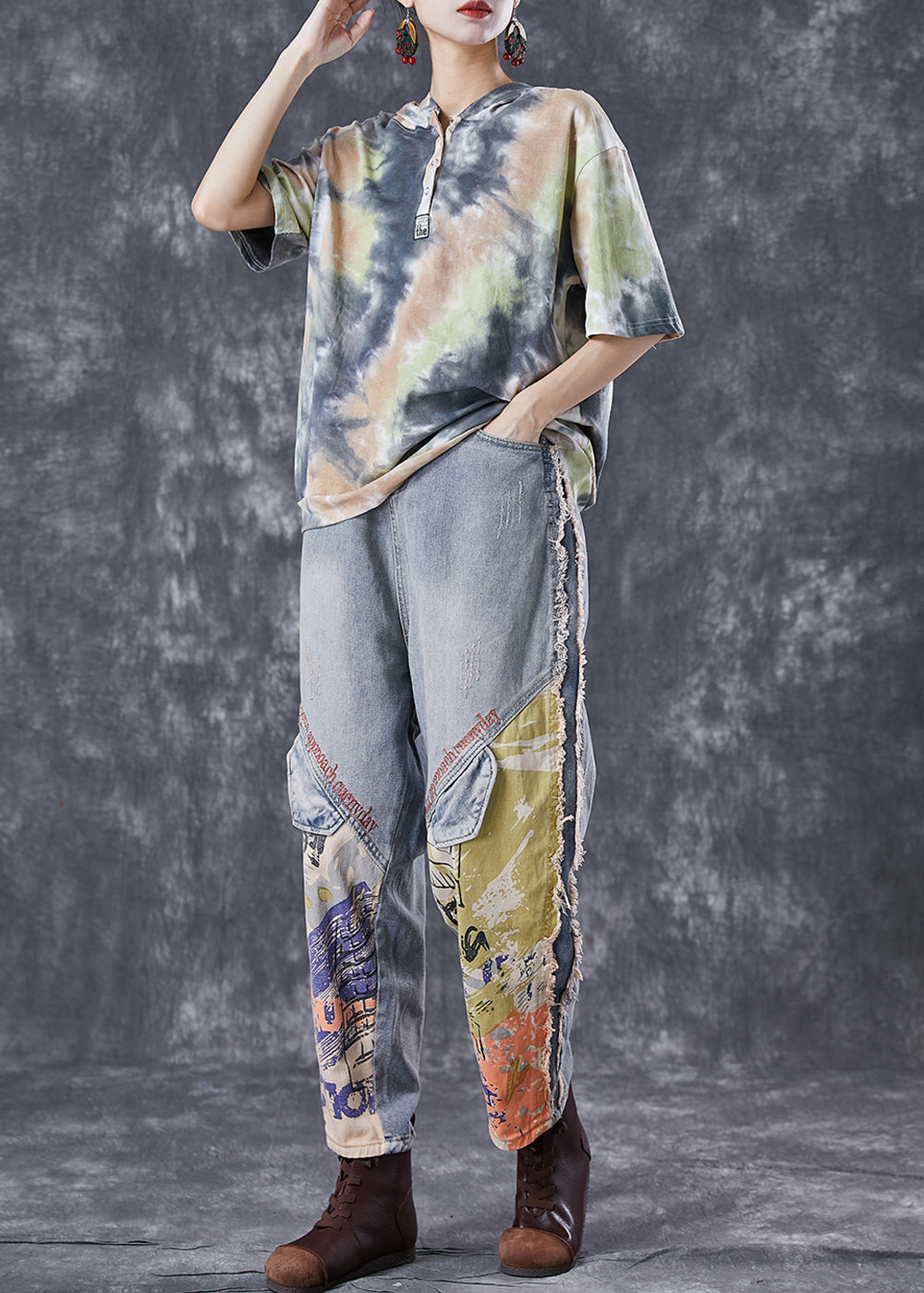 Tie Dye Patchwork Hooded Cotton Two Pieces Set Summer