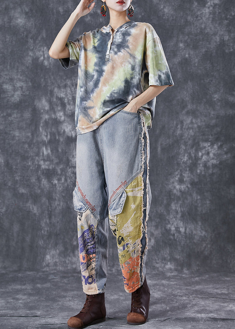 Tie Dye Patchwork Hooded Cotton Two Pieces Set Summer