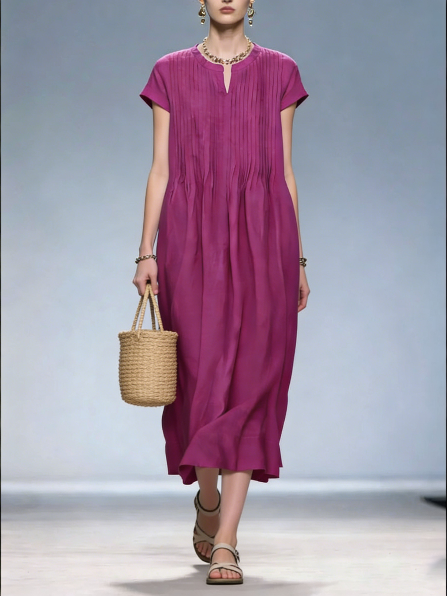 French Rose V Neck Wrinkled Pockets Patchwork Linen Dresses Summer