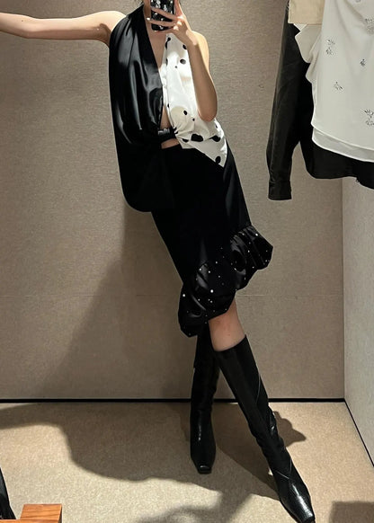 Vacation Bow V Neck Backless Pleated Top and Skirt Set Summer