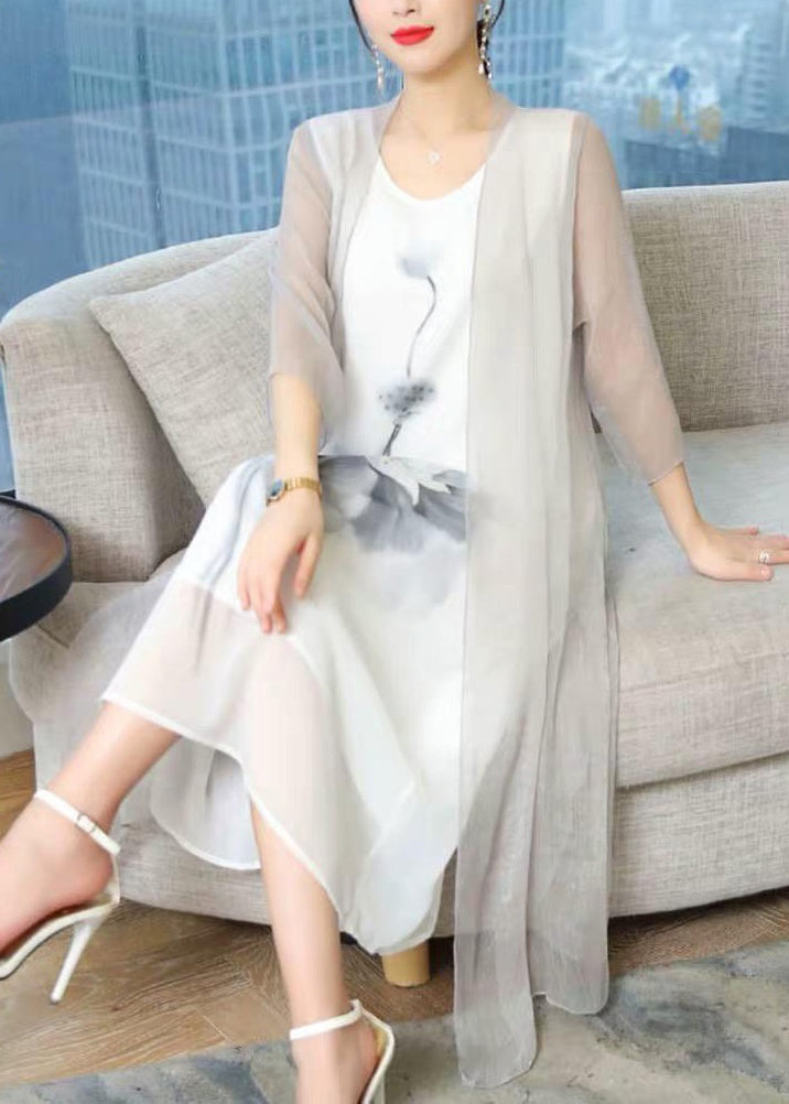 New White Print Cardigan and Tank Dress Two Pieces Set Bracelet Sleeve