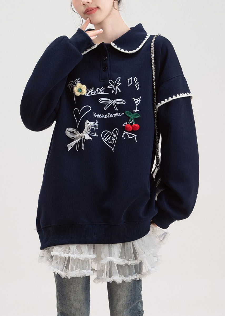 Loose Navy Button Print Cotton Pullover Fall