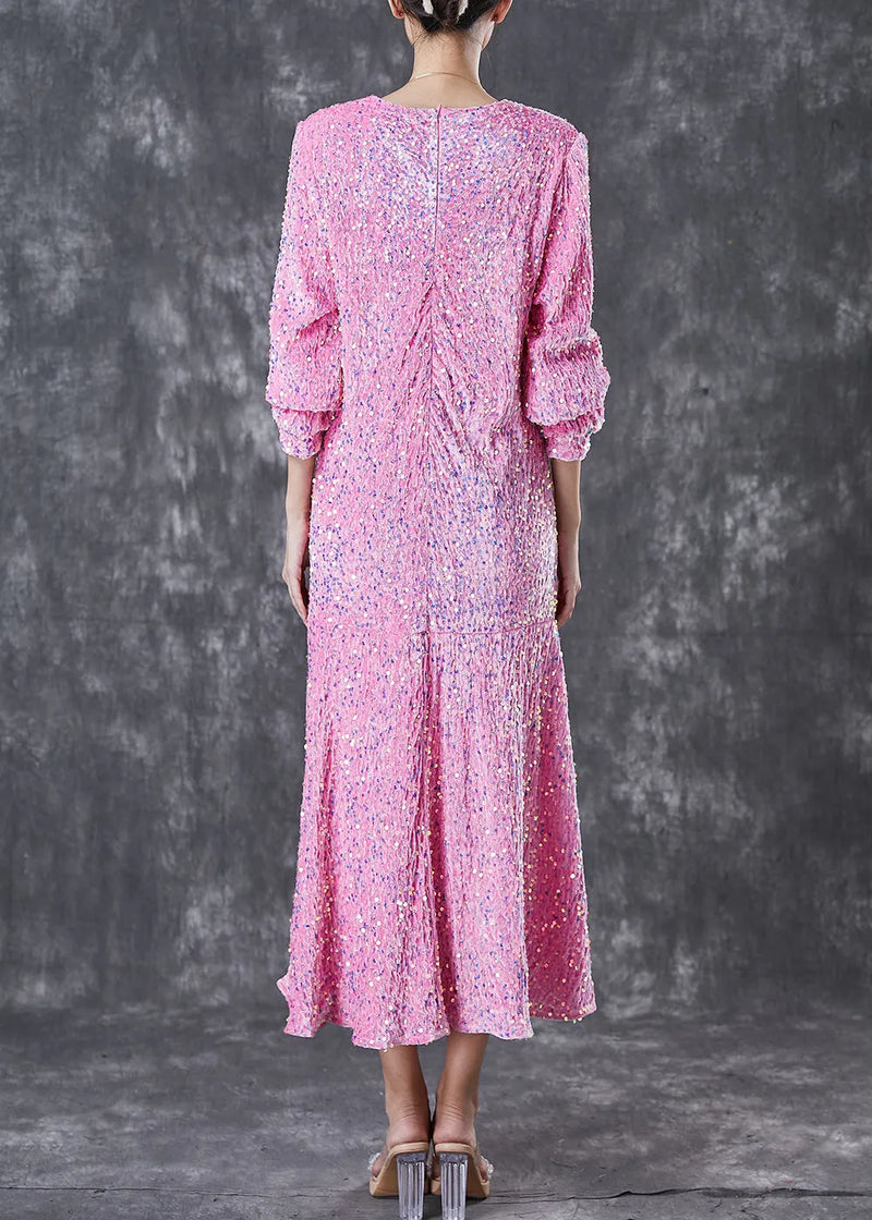 Pink Sequins Wrinkled Silk Velour Dress Vestidos Spring