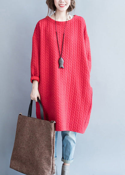 Loose Red Pockets Cotton Holiday Dress Spring