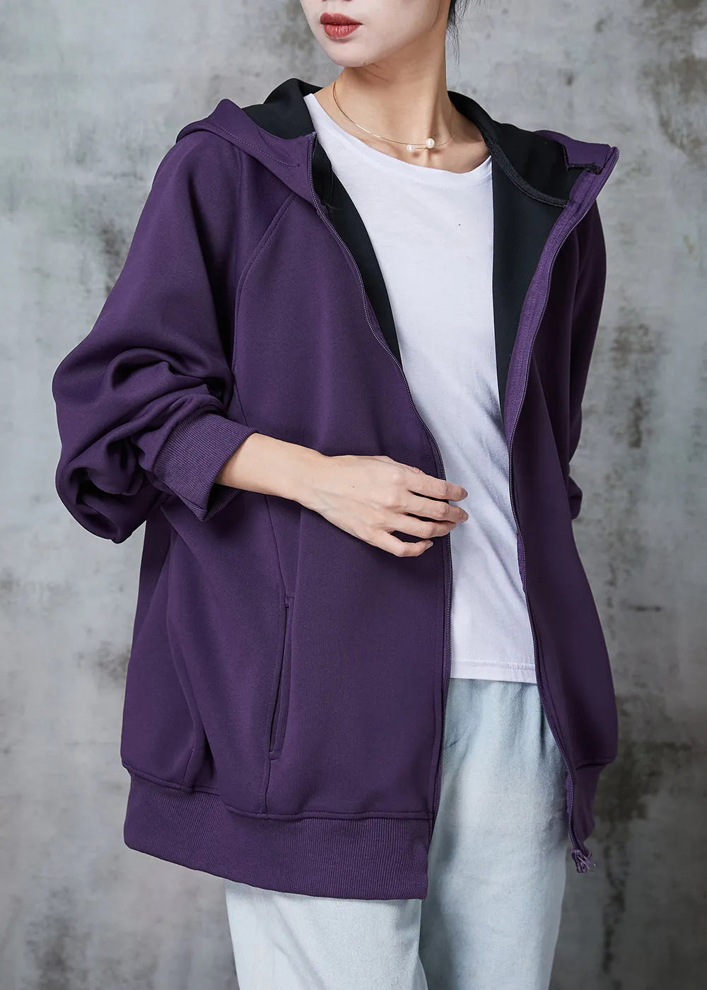 Italian Dull Purple Hooded Pockets Cotton Sweatshirt Jackets Spring
