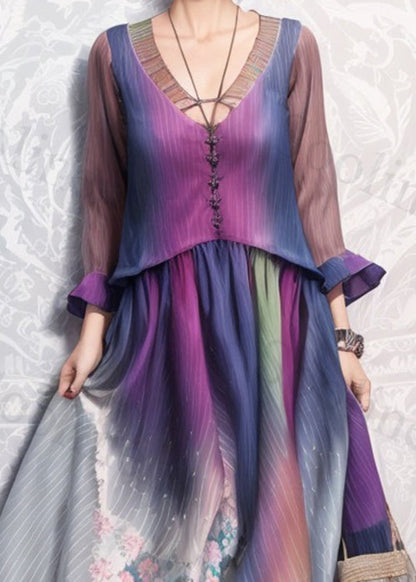 Stylish Gradient Color V Neck Print Silk Dress Long Sleeve