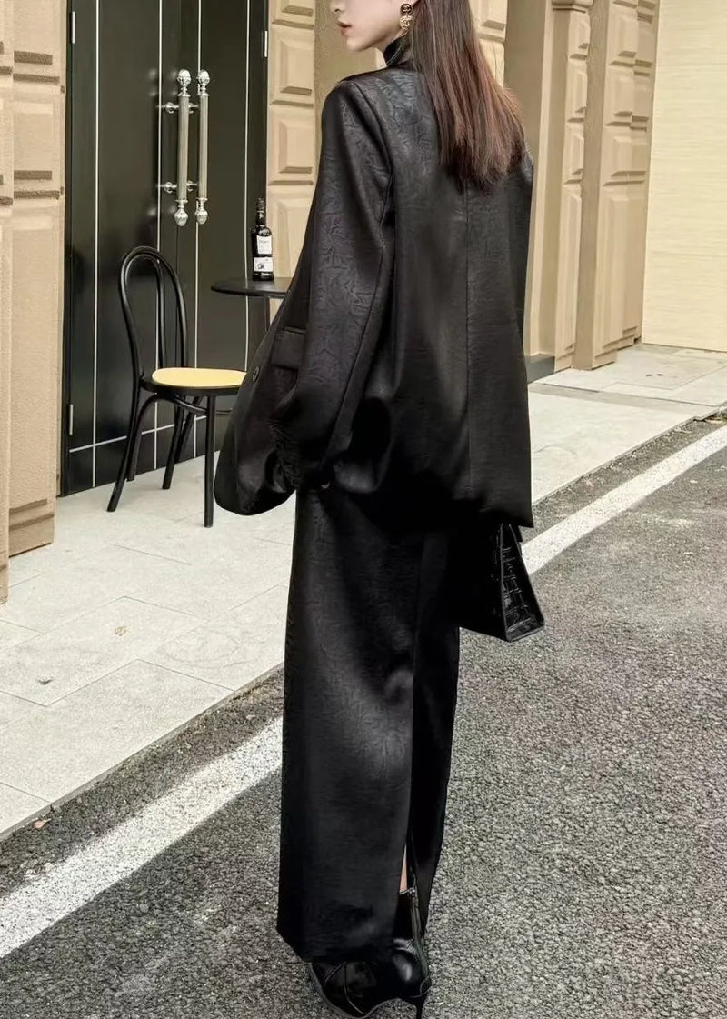 Black Notched Tie Waist Satin Coats and Maxi Skirts Two Pieces Set Spring
