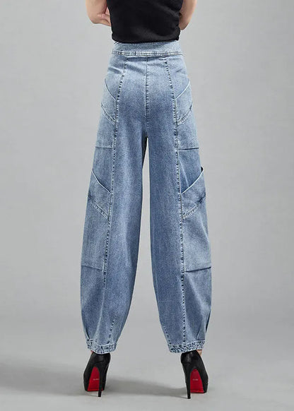 Light Blue Pockets Patchwork Cotton Denim Lantern Pants Trousers Spring