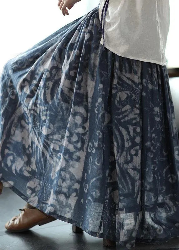 Green Print Ramie Elastic Waist Skirt