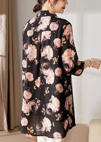 Boutique Black Peter Pan Collar Print Chiffon Blouse Tops Bracelet Sleeve