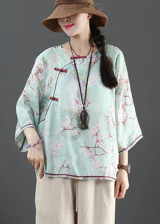 Organic Blue Print Linen Half Sleeve Top Summer