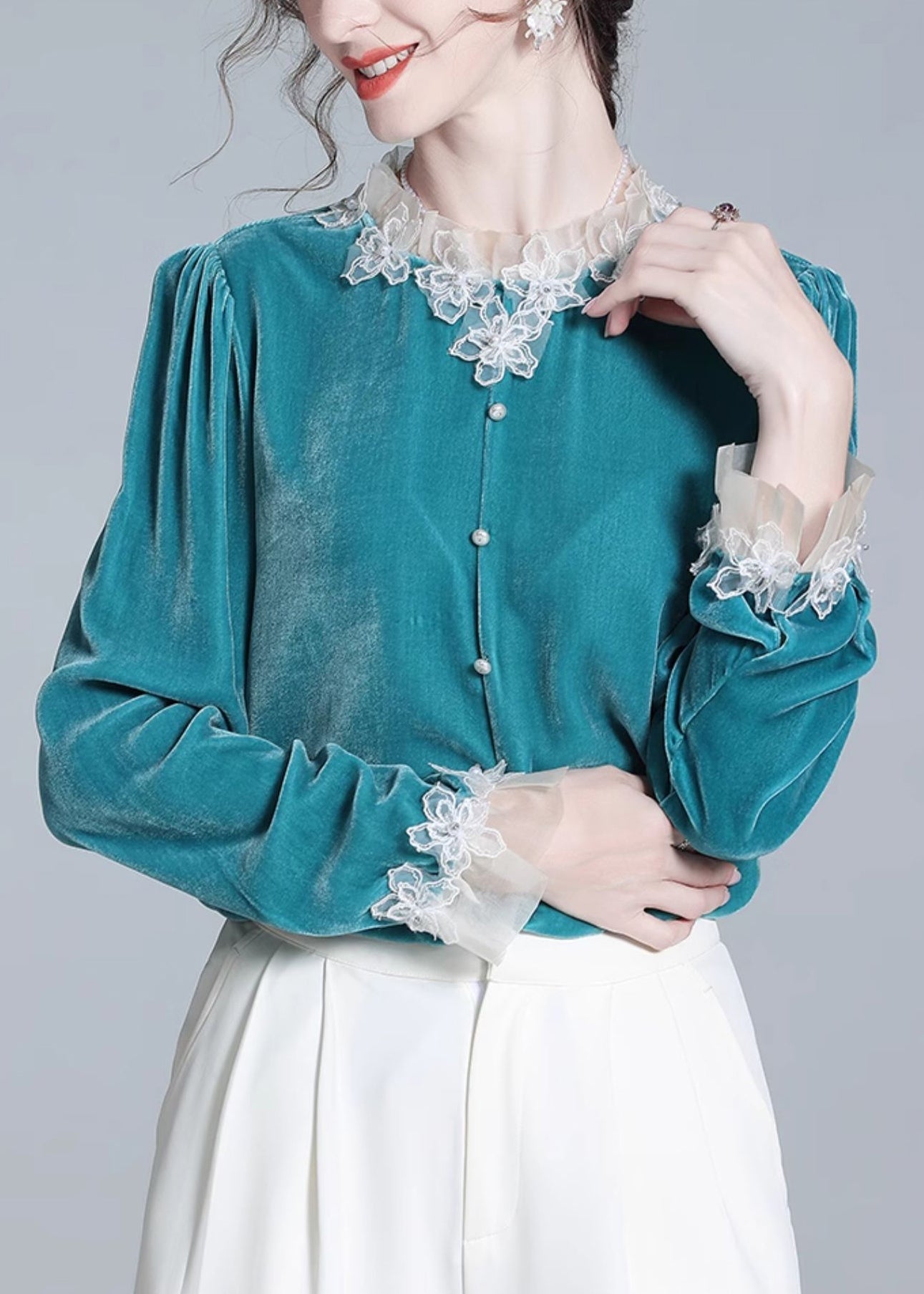 Blue Button Patchwork Silk Velour Top Winter