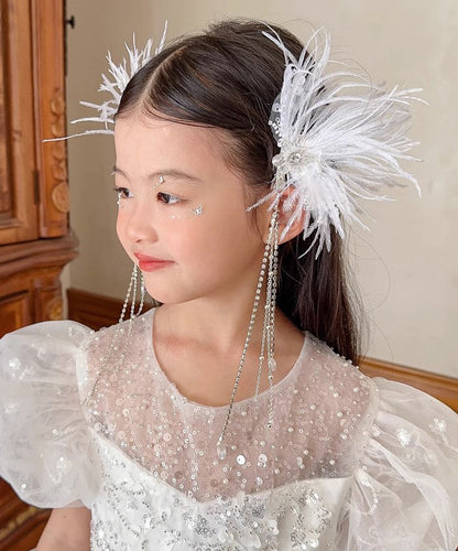 White Alloy Feather Pearl Sequins Tassel Hairpin