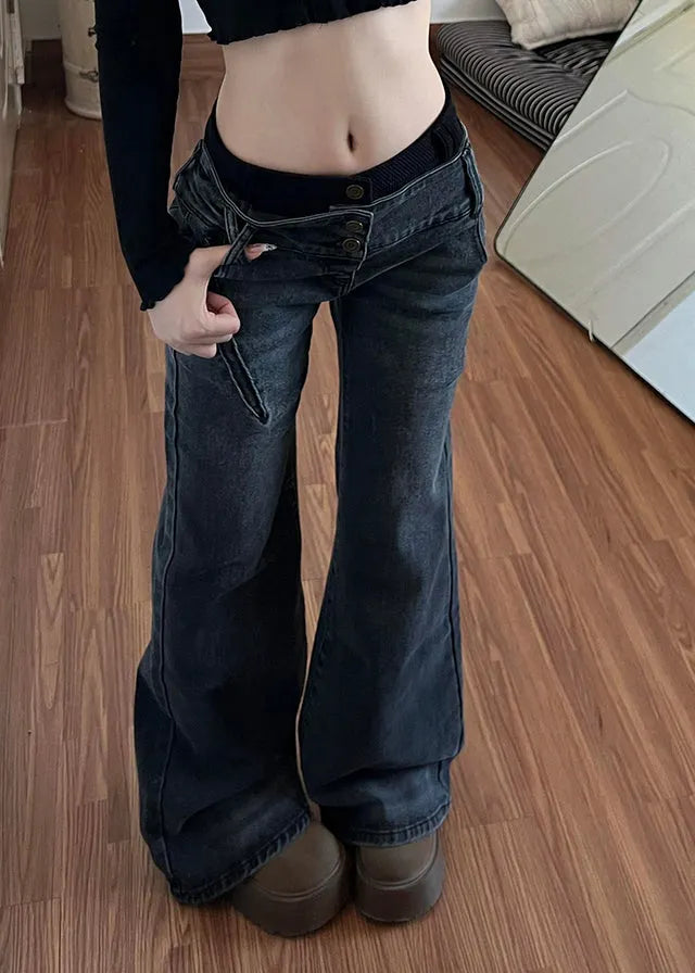 Black Silm Fit Denim Flare Bottoms Pants Trousers Spring