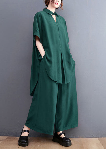 French Green Oversized Side Open Draping Silk Two Piece Set Clothing Summer