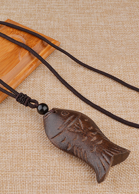 Brown Hand Knitting Woode Fish Peach Wood Pendant Necklace
