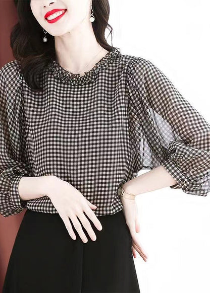 Boutique Black White Plaid O-neck Button Ruffled Silk Top Puff Sleeve
