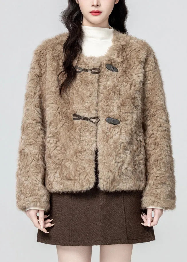 Khaki O Neck Button Teddy Faux Fur Coat Winter