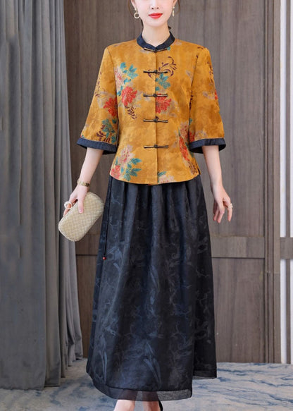 Chinese Style Yellow Stand Collar Print Silk Two Pieces Set Half Sleeve