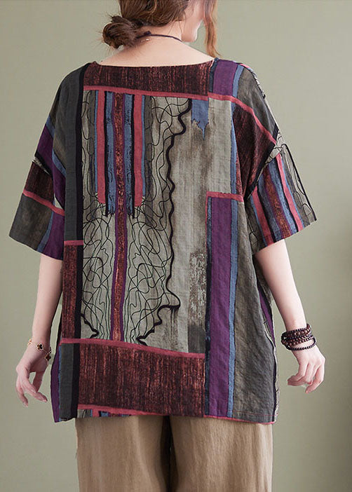 Purple Grey Colorblock Print Cotton Tanks Short Sleeve