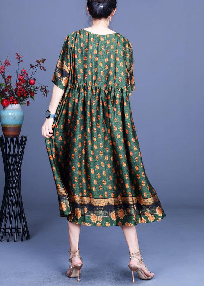 Green Print Silk Cinched Dress Summer