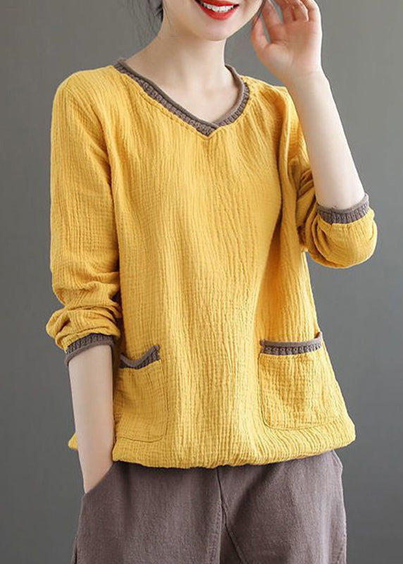 Purple V Neck Pockets Patchwork Cotton Top Fall