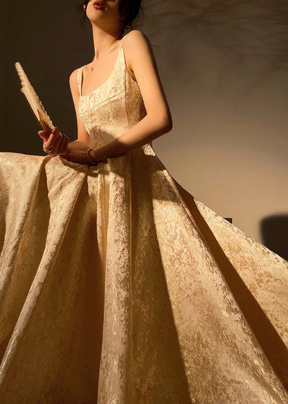 Jacquard Gold Square Collar Zippered Wrinkled Silk Holiday Dress Sleeveless Summer