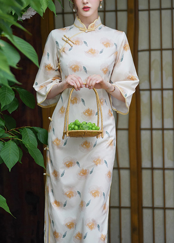 Stand Collar Print Button Side Open Velour Maxi Dress Long Sleeve