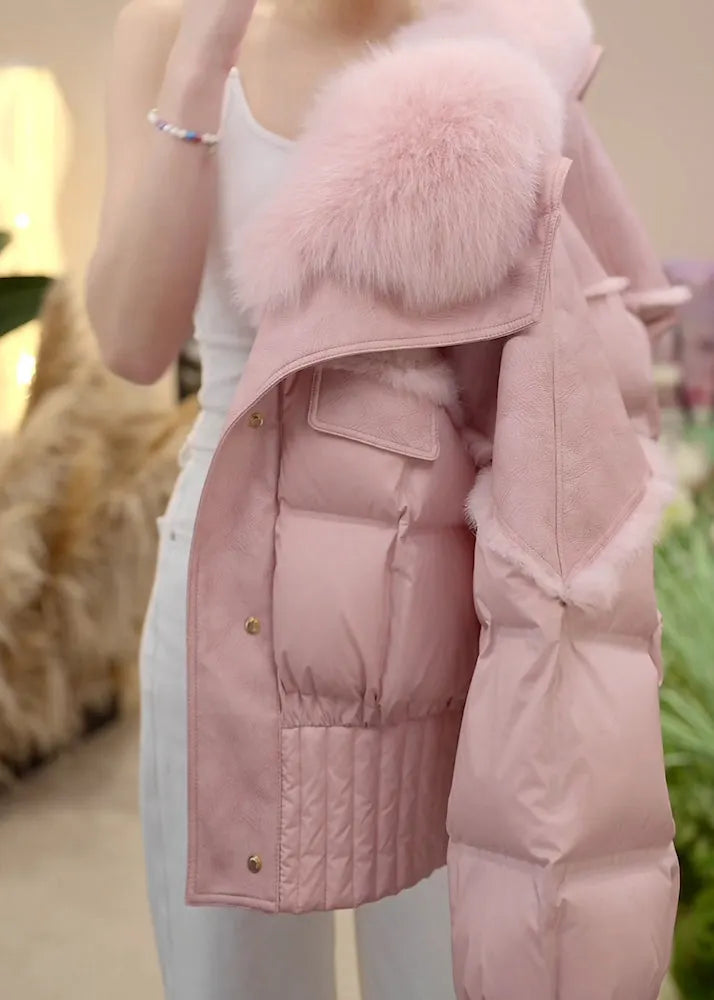 Pink Fur Collar Button Patchwork Duck Down Puffer Jacket Winter