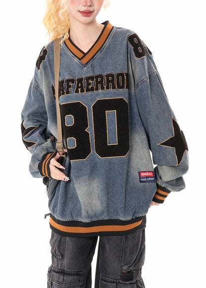 Stylish Blue Oversized Letter Applique Denim Sweatshirts Top Spring