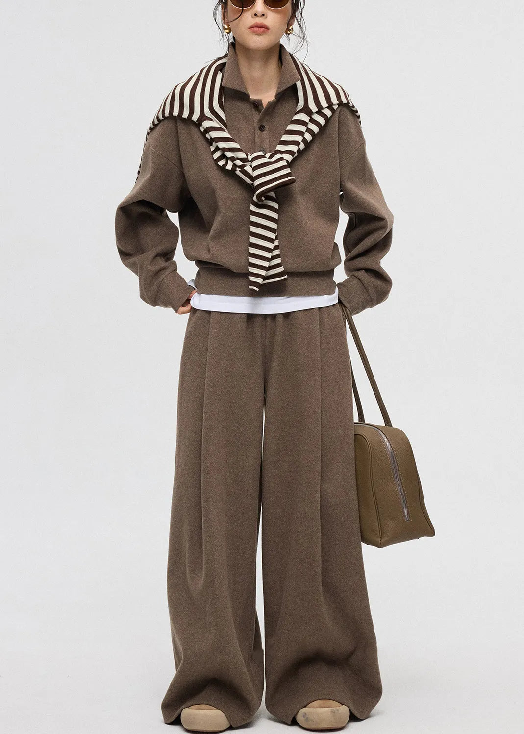 Coffee Peter Pan Collar Button Cashmere Two Piece Set Winter
