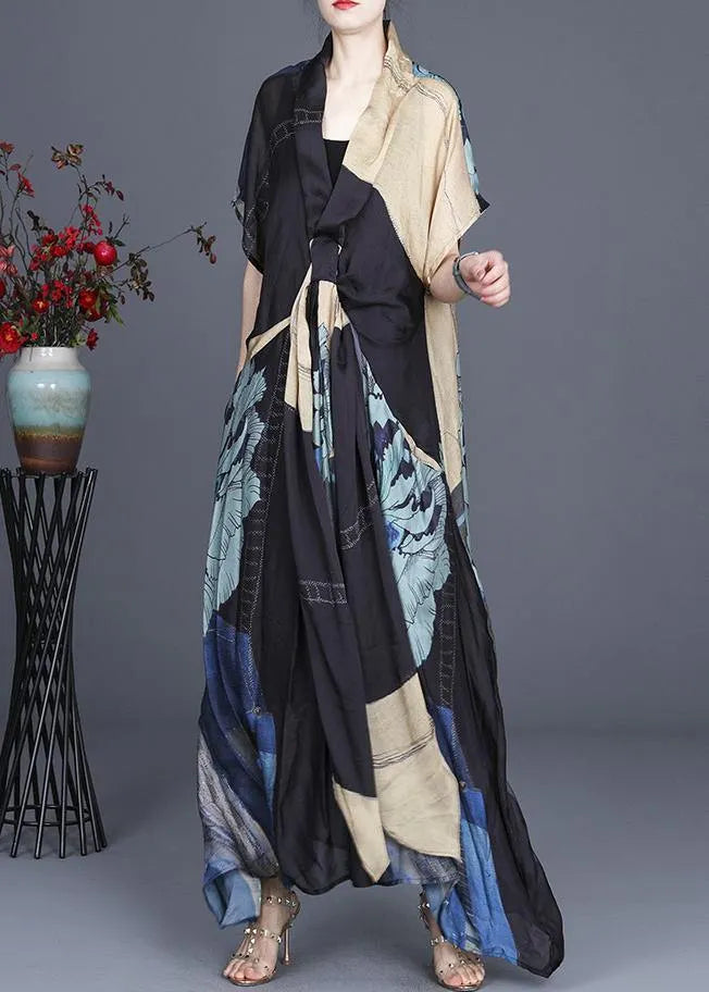 Handmade Black Print Asymmetrical Design Silk Two Pieces Set Summer Dress