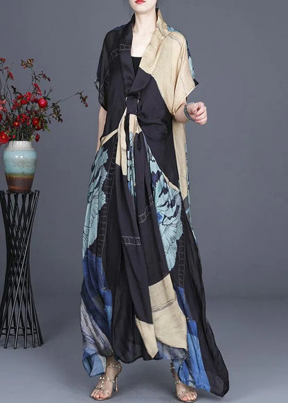 Handmade Black Print Asymmetrical Design Silk Two Pieces Set Summer Dress