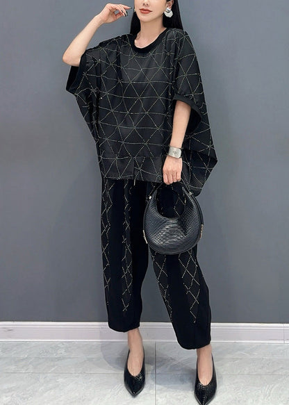 Boutique Black O-neck Plaid Zircon T Shirts and Harem Pants Two Piece Set Short Sleeve