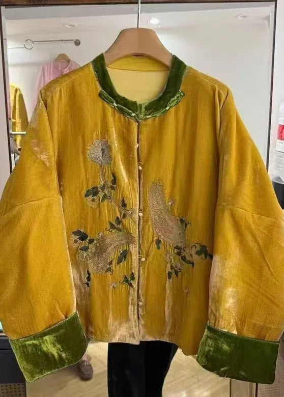Chinese Style Embroidered Silk Velvet Fine Cotton Filled Coats Winter