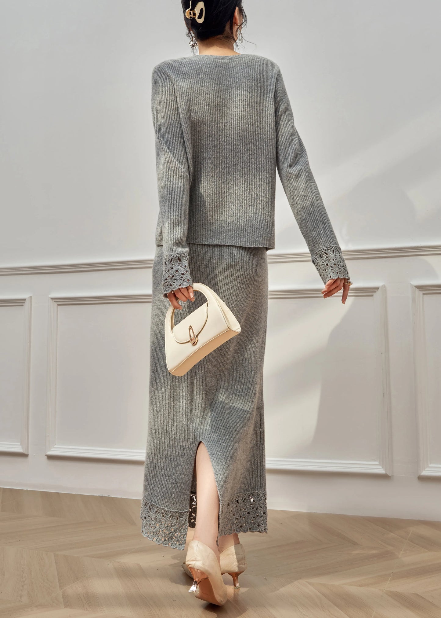 Simple Grey Hollow Out Sweaters and Skirts Knit Two Pieces Set Winter
