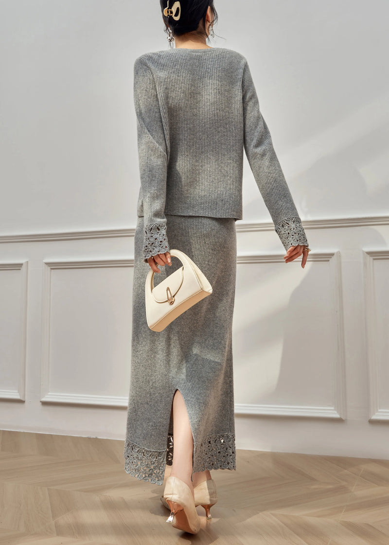 Simple Grey Hollow Out Sweaters and Skirts Knit Two Pieces Set Winter