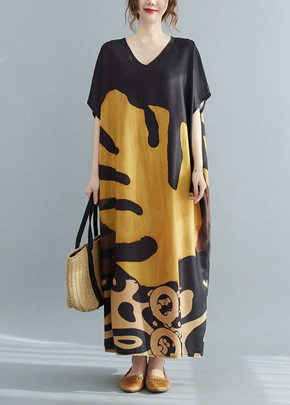 Loose Black V Neck Oversized Leaf Print Chiffon Long Dress Short Sleeve Summer