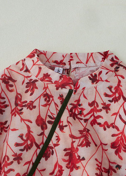 Diy Red Stand Collar Print Button Cotton Blend Holiday Cinch Dress Half Sleeve Summer