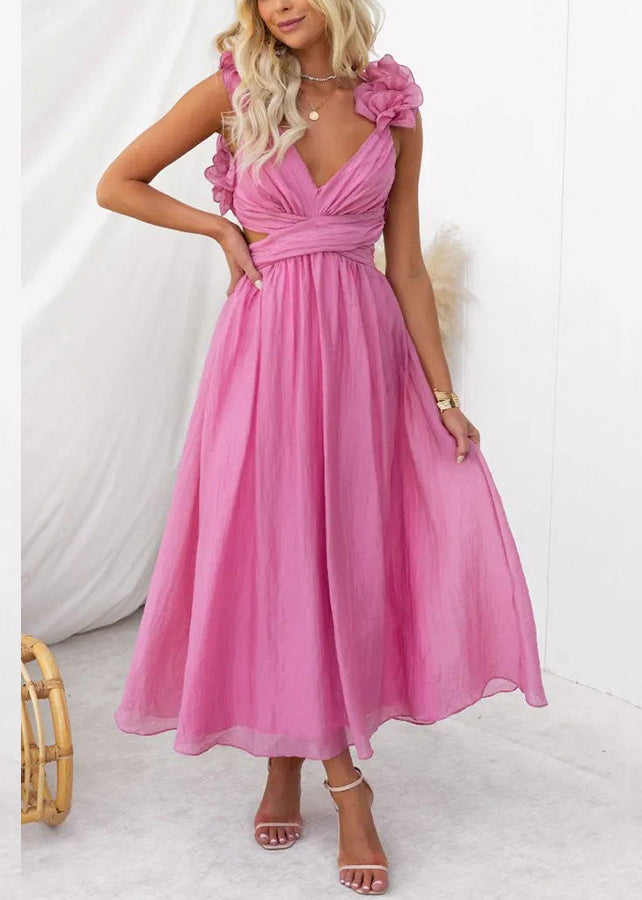 Pink V Neck Lace Up Cotton Long Dress Sleeveless