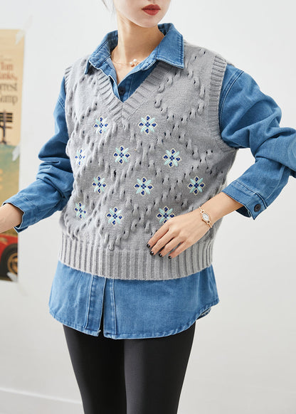 Oversized Thick Knit Vest and Denim Shirt Two Piece Set Outfits Fall