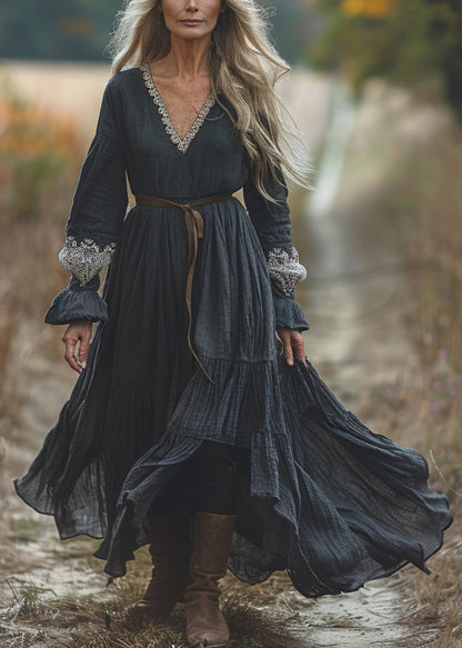 Black V Neck Lace Patchwork Cotton Dresses Spring