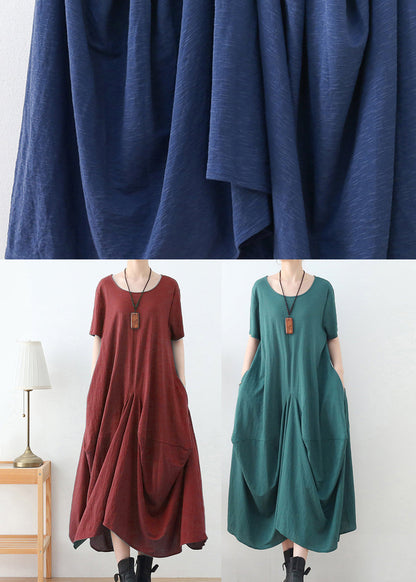 French Green O-neck Wrinkled Cotton Party Dress Short Sleeve