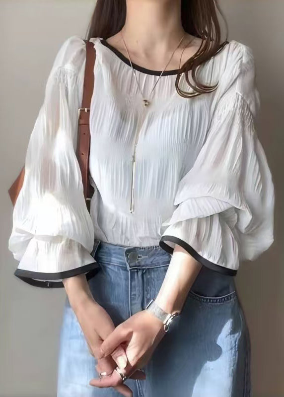 White Oversized Chiffon Shirt Tops Lantern Sleeve