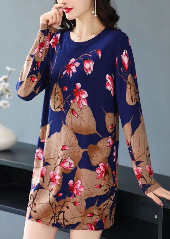 Navy Print Cozy Knit Mid Dress O-neck Long Sleeve